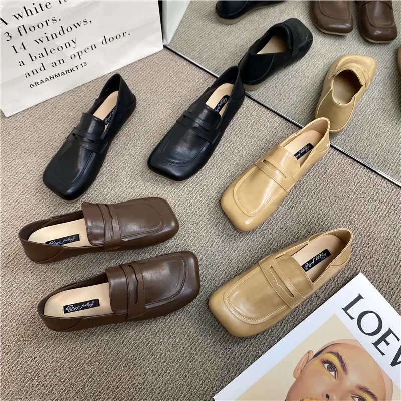 Spring British Style Women's Flat Shoes Square Toe Retro Comfortable Loafers