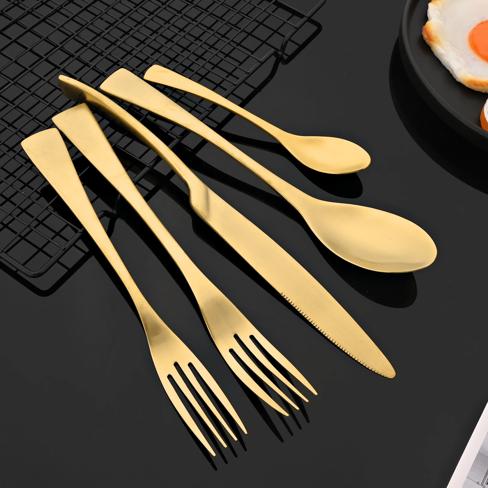 7Pcs Matte Dinnerware Set Stainless Steel Kitchen Cutlery Set Gold Steak Knife Forks Spoons Flatware Luxury Restaurant Tableware