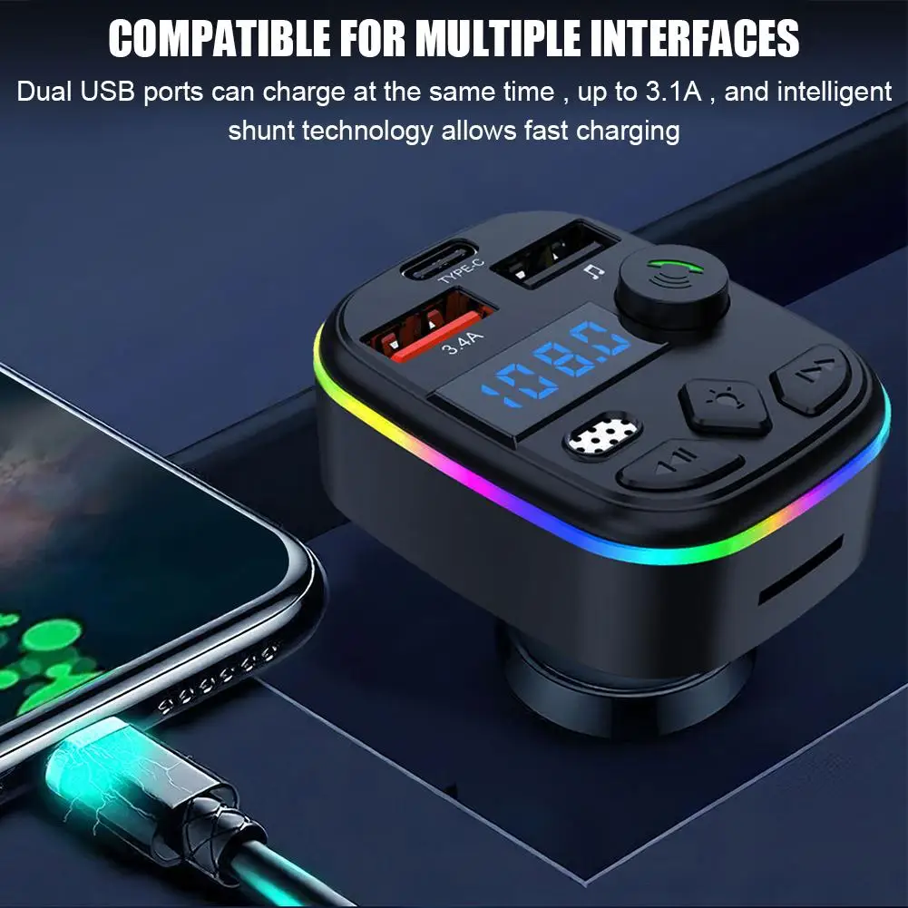 FM Transmitter Car MP3 Player Support TF Card U Disk Dual USB Type C Car Charger Cell Phone Charging Hands Free Wireless Car Kit