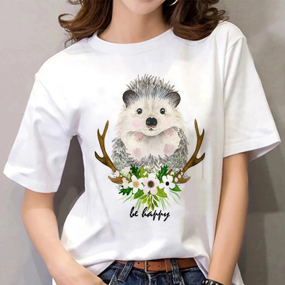 

New Womens T-Shirts hedgehog Cartoon Print Tshirt womens Kawaii Casual O-Neck Tops Cozy Soft trend femme Tshirts