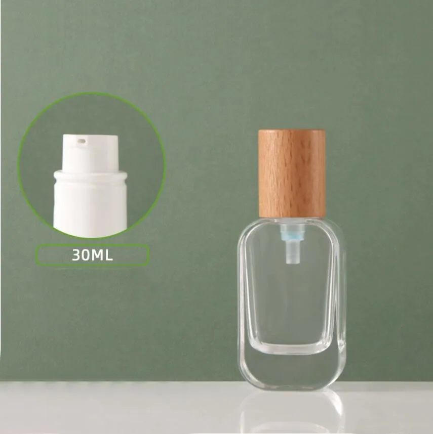 

30ml clear glass bottle wooden lid serum/lotion/emulsion/foundation/essence toilet toner water skin care cosmetic packing