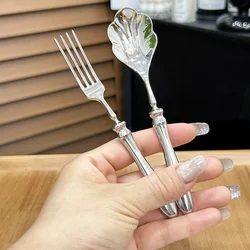 18/10 Stainless Steel Dessert Spoon French Light Luxury Fruit Fork Roman Column Tableware Exquisite Practical Ice Cream Scoop