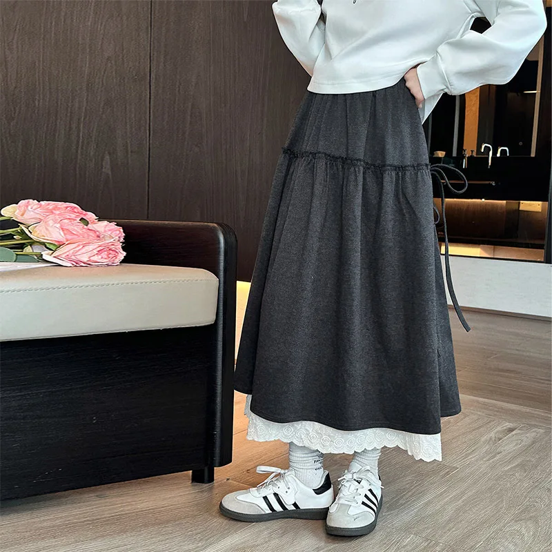

Korean Children Girls Skirt Autumn Korean Bowknot Lace Patchwork Teenager Girls Skirt High Waist Versatile Junior Girls Skirt