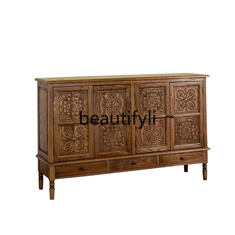 

American country solid wood carving flower entrance cabinet retro pastoral dining side cabinet oak furniture living room locker