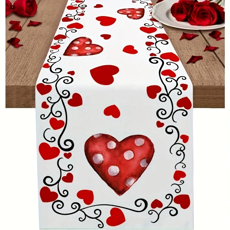 Tischläufer aus Polyester zum Valentinstag |   Rotes Herz- und Polka-Dot-Design |   Rechteckiges Dekor für Esszimmer/Couchtisch/Hochzeit/Party