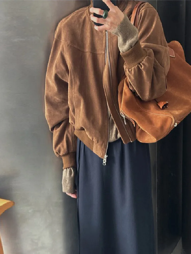 Jaet da baseball in pelle scamosciata autunnale da donna ort allentato casual versatile capispalla Dongda Gate Deer Hide Coat per donna