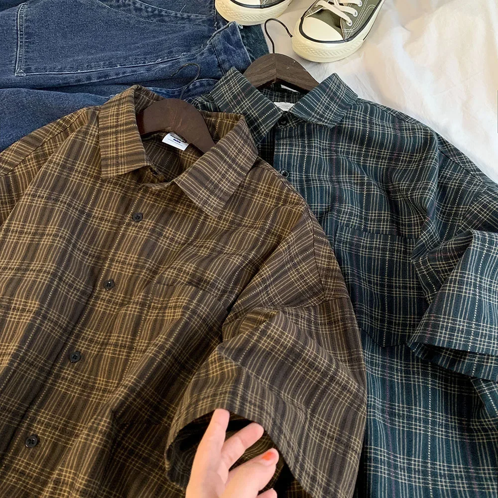 Summer New Men's Checkered Short Sleeve Shirt Japanese Retro Trendy Brand Shirt Lazy Style Casual Breathable Lightweight
