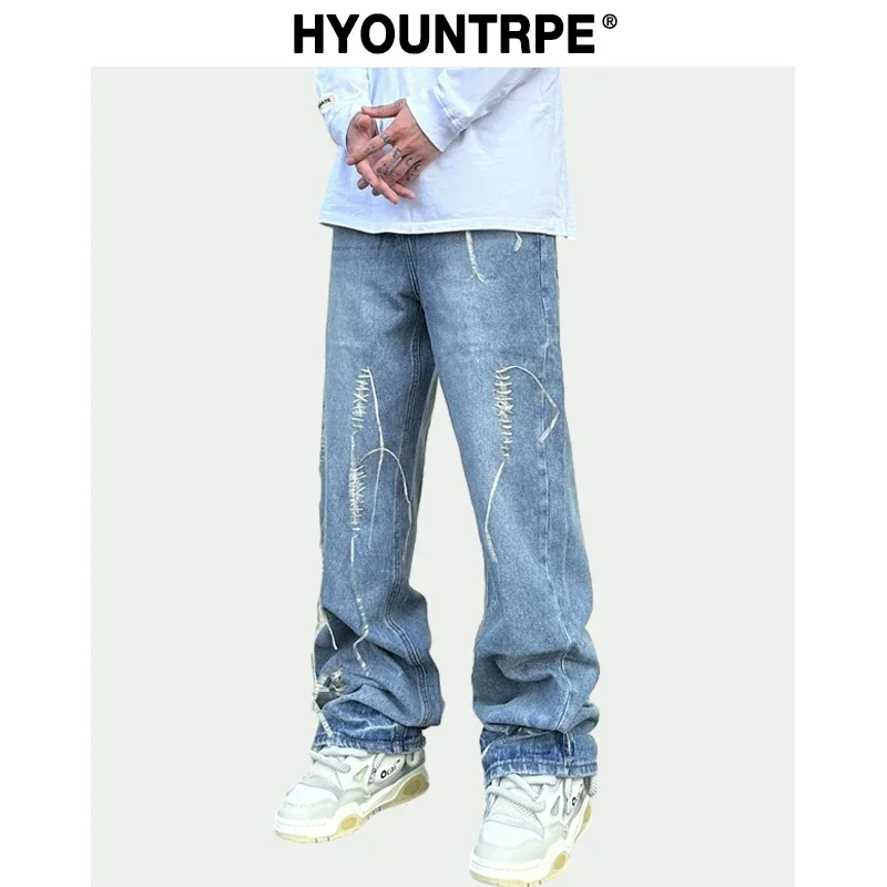 

Fashion Loose Streetwear Denim Jeans New Casual Wide Legs Straight Jean Pants Hip Hop Tassel Joggers Baggy Jeans Men Clothing