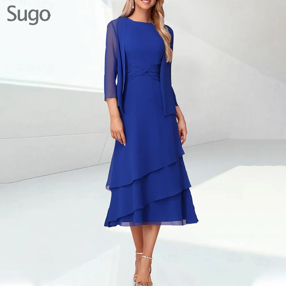 

Customized 2 Pieces Mother of the Bride Dresses with Jacket Chiffon O-Neck Tea-Length A-Line Wedding Guest Groom Dress 2025