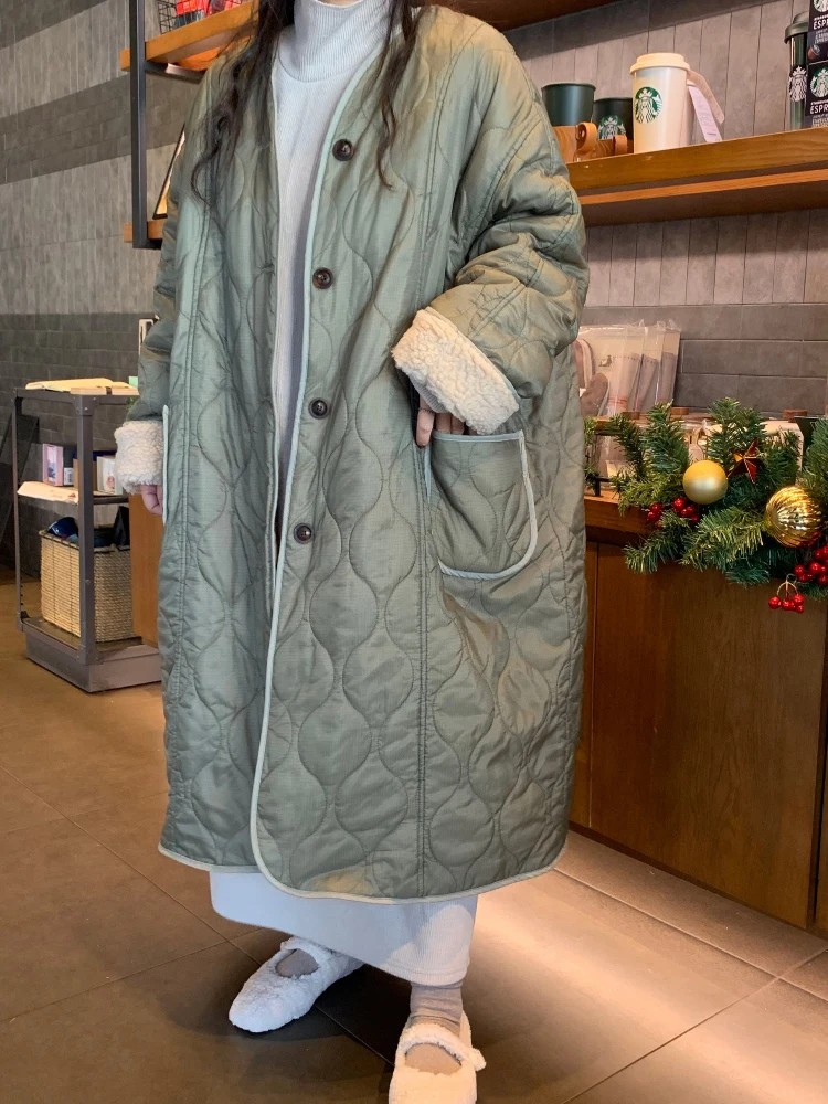 الرجعية زر واحد خروف الفراء طوق منتصف طول القطن Jaet المرأة شيك تنوعا Ele Sle معطف الشتاء