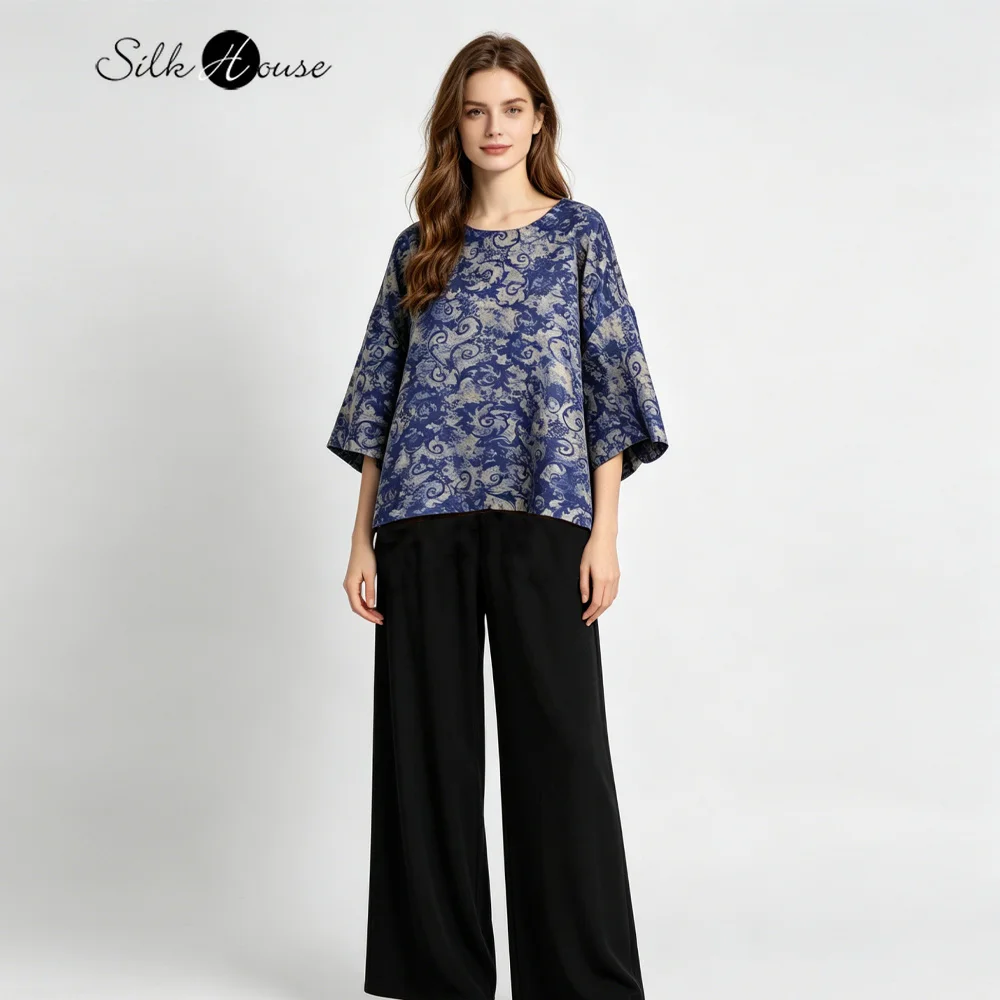 Plus Size Elegant Retro 100% Natural Mulberry Silk Gambiered Guangdong Gauze Round Neck Three-quarter Sleeve Printed T-shirt