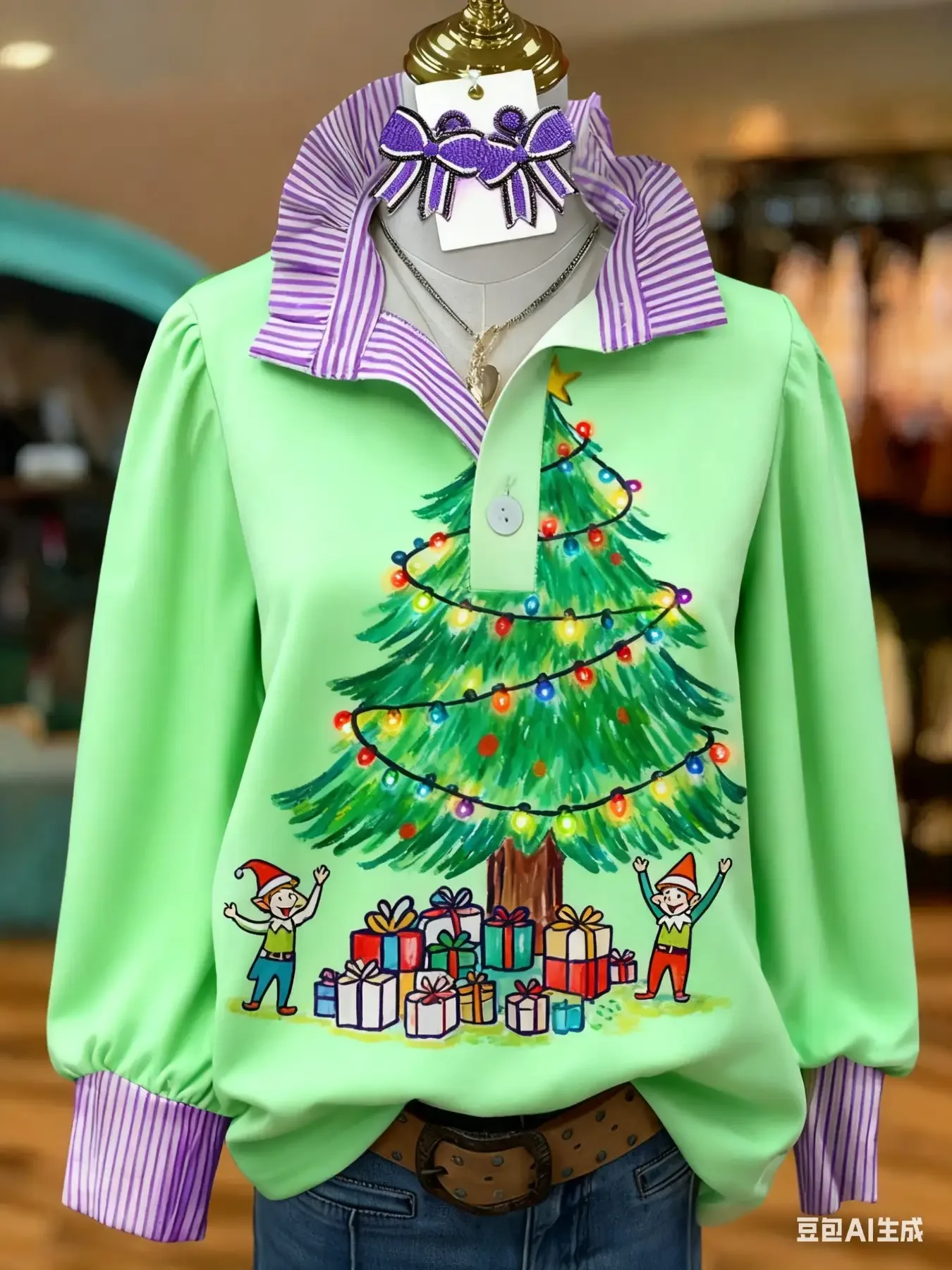 Ladies' striped casual fashion shirt with multi-color striped collar , Elegant women's shirt, high-end feel