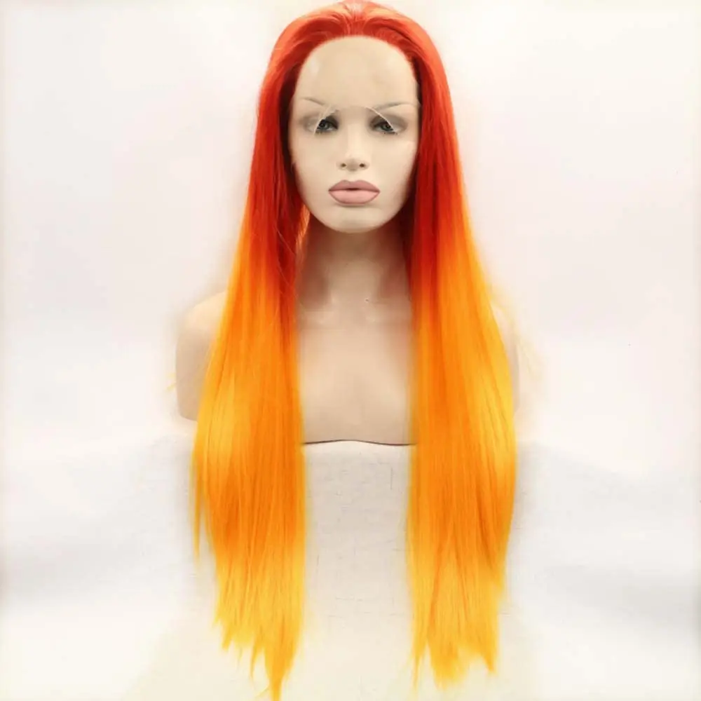 Parrucca arancione Ombre lunga diritta Parrucche anteriori in pizzo sintetico per le donne Parrucche per capelli lunghi in fibra resistente al calore per feste cosplay quotidiane