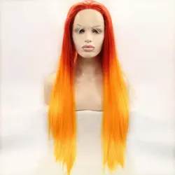 Long Straight Ombre Orange Wig  Synthetic Lace Front Wigs for Women Daily Cosplay Party Heat Resistant Fiber Long Hair Wigs