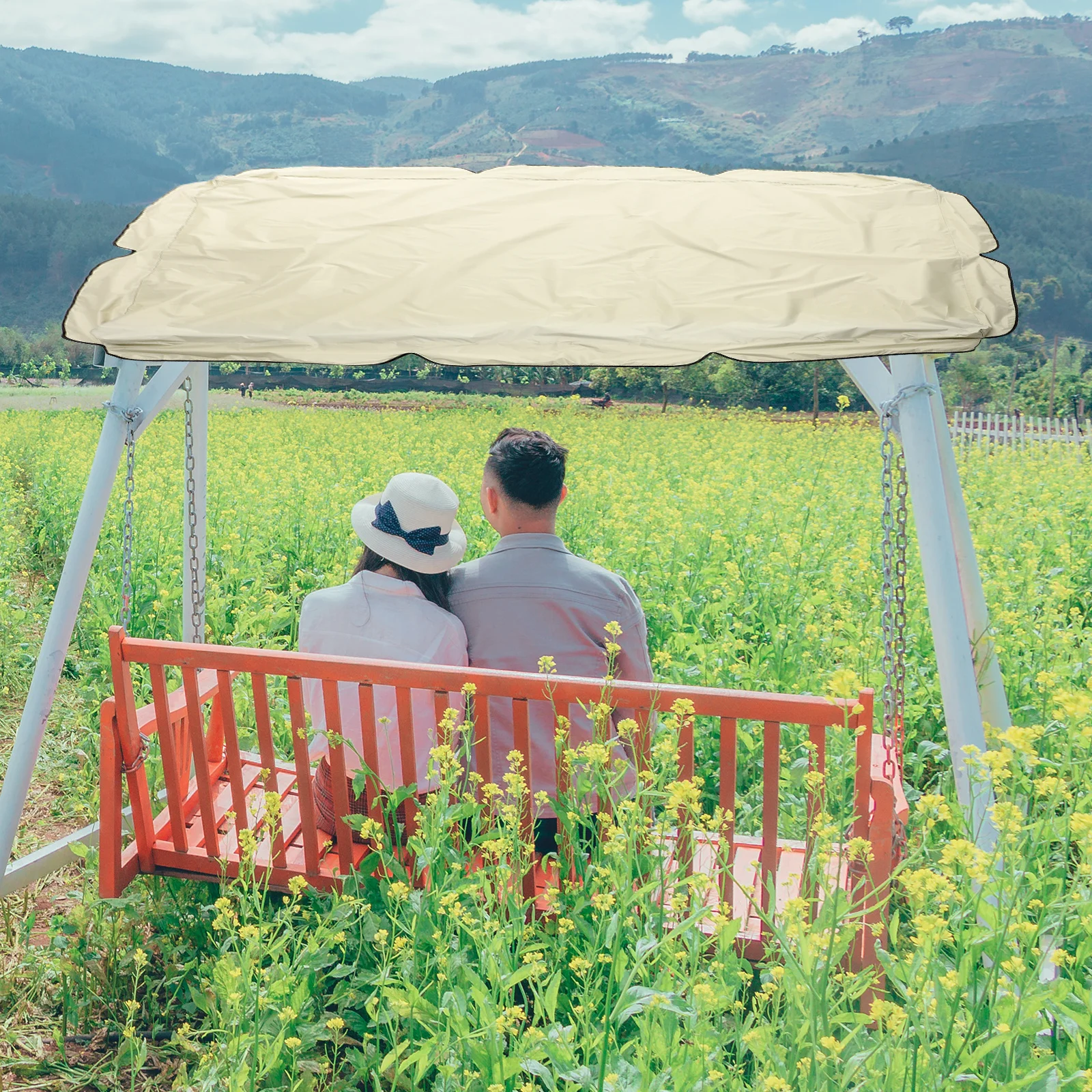 Wasserdichte Gartenschaukelabdeckung, Beige, 195 x 125 cm, staubdicht, gewellte Kante, Outdoor-Schaukelschutz, Terrassenmöbel