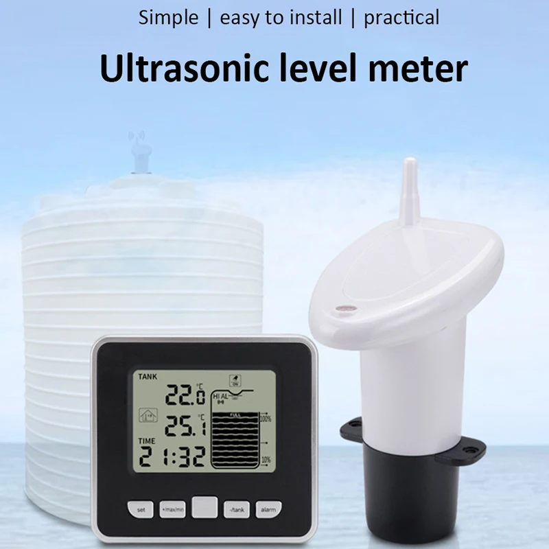 Wireless Ultrasonic Water Level Indicator Gauge Water Tank Sensor Liquid Level Sensor Depth Gauge Temperature Time Display