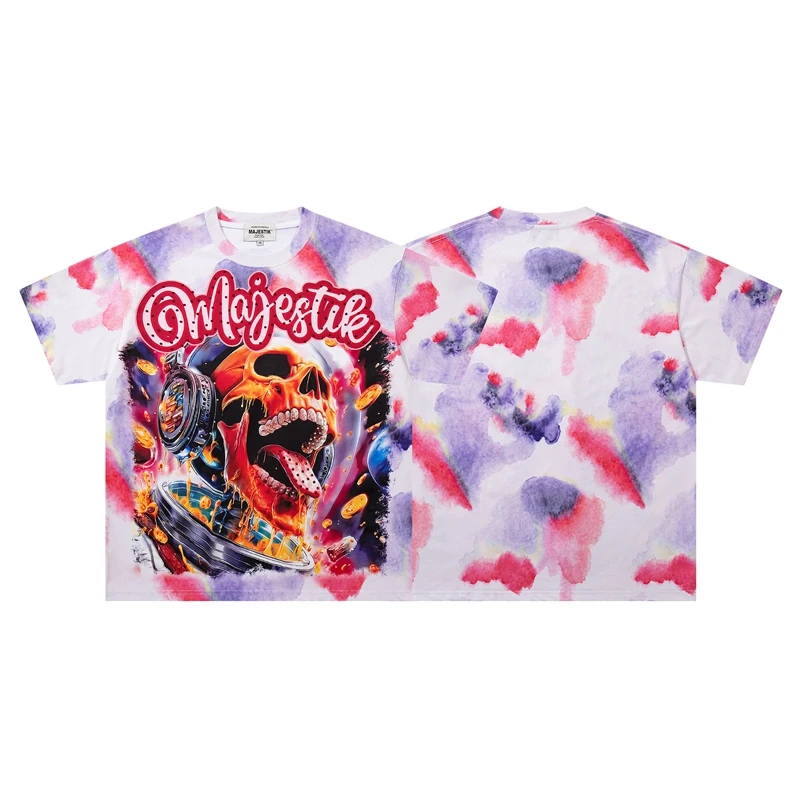 Hip-Hop Aquarell Tie-Dye Grafik-T-Shirt mit Strass-Astronauten-Totenkopf-Print Lässiges T-Shirt Original Herren-T-Shirts Sommer Y2k Kleidung – Detail 8