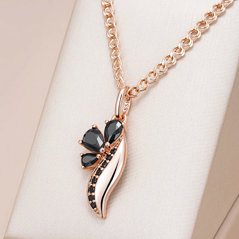 Kinel Hot Black Natural Zircon Pendant Necklace Women Fashion 585 Rose Gold Color Crystal Flower Pendant Fine Vintage Jewelry