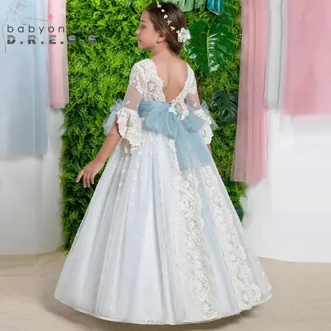 BABYONLINE Abito da comunione per ragazza fata personalizzato con fiocco Mezza illusione Manica in pizzo Mini sposa con ricamo floreale multistrato in tulle