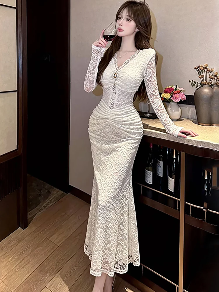 

Новое белое кружевное платье с цветочным узором и стразами, V-образный вырез, весна-осень, корейский винтажный стиль, роскошное элегантное облегающее платье для женщин, выпускное платье 2026 года