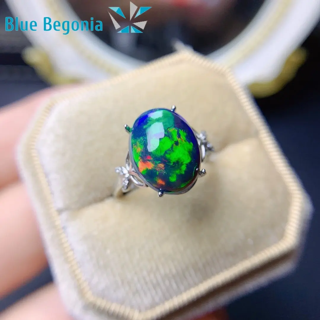 

Natural Real Black Opal Ring for Women S925 Sterling Silver Anniversary JewelryGift 10*14MM Genuine Gemstone