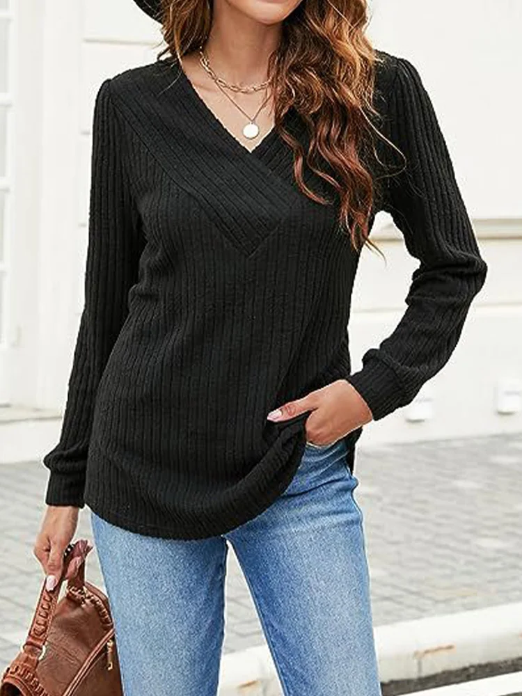 4-Farben-Strickoberteil mit V-Ausschnitt für Damen, elegantes T-Shirt mit V-Ausschnitt, schmeichelhafte Passform, Herbst-Winter-Pullover-Bluse