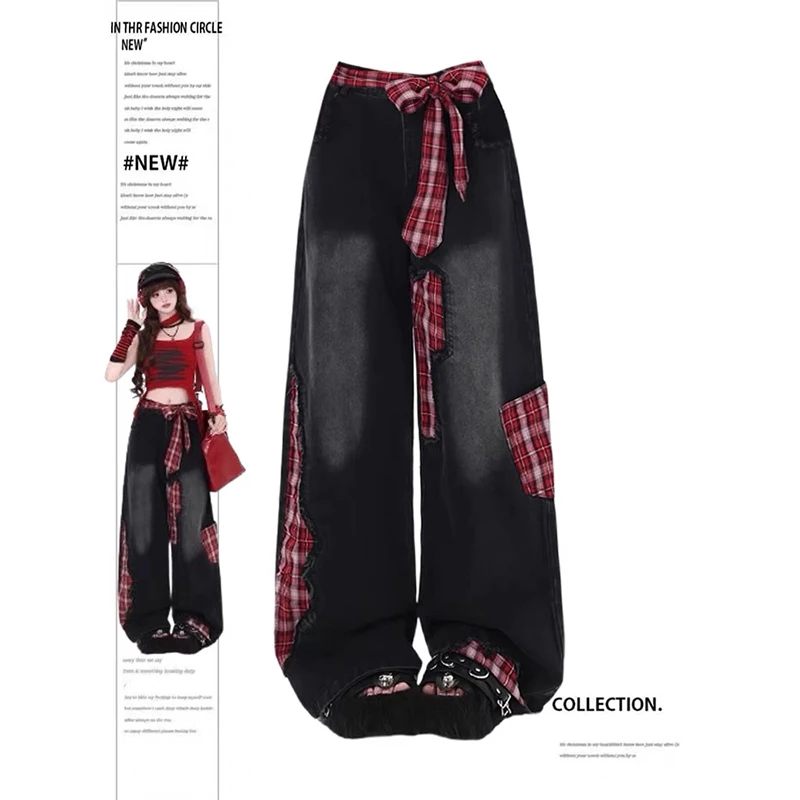 Women Tide Jeans Grunge Japanese Harajuku Y2K Baggy Denim Pants Cyber Punk Hip-pop 2000s Aesthetic Plaid Patch Trouser Tomboy