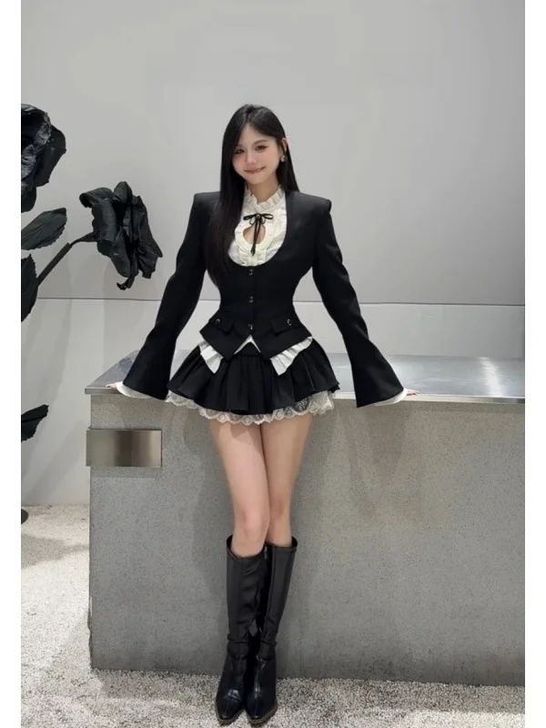 Elegant Luxury Style Long Sleeve Coat  Knot Hollow Design Shirt Puffy Skirt Three Piece Set High Waist Button up