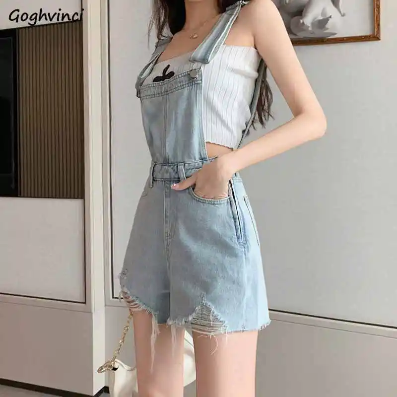 

Denim Rompers Women Summer Loose Thin Slim Korean Style Edge High Waist Pockets Retro Streetwear Hole Fashion All-match Cozy Fit