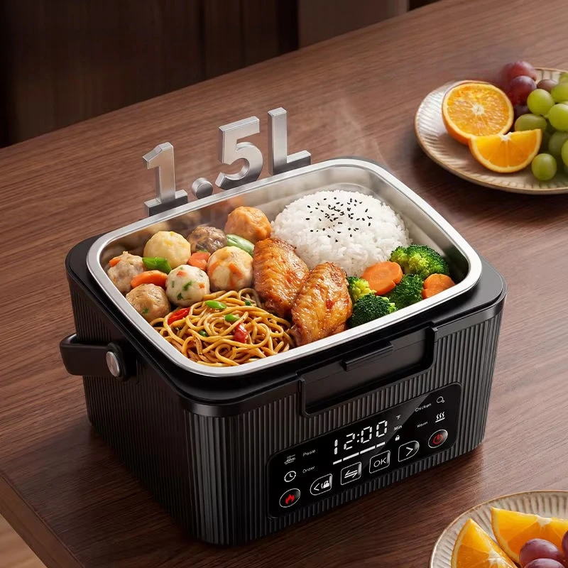The portable rechargeable self-heating lunch box is battery-powered and equipped with a smart LED display