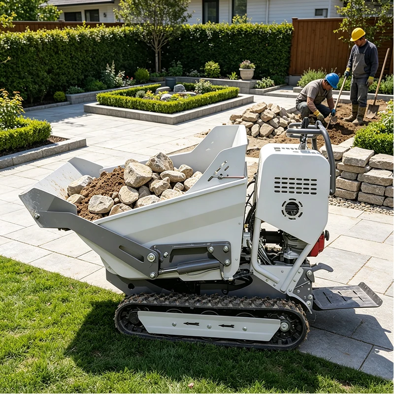 Garden Material Transport Machine with Crawler Track Hydraulic Dump Bed Self Loading Feature for Soil Mulch Moving