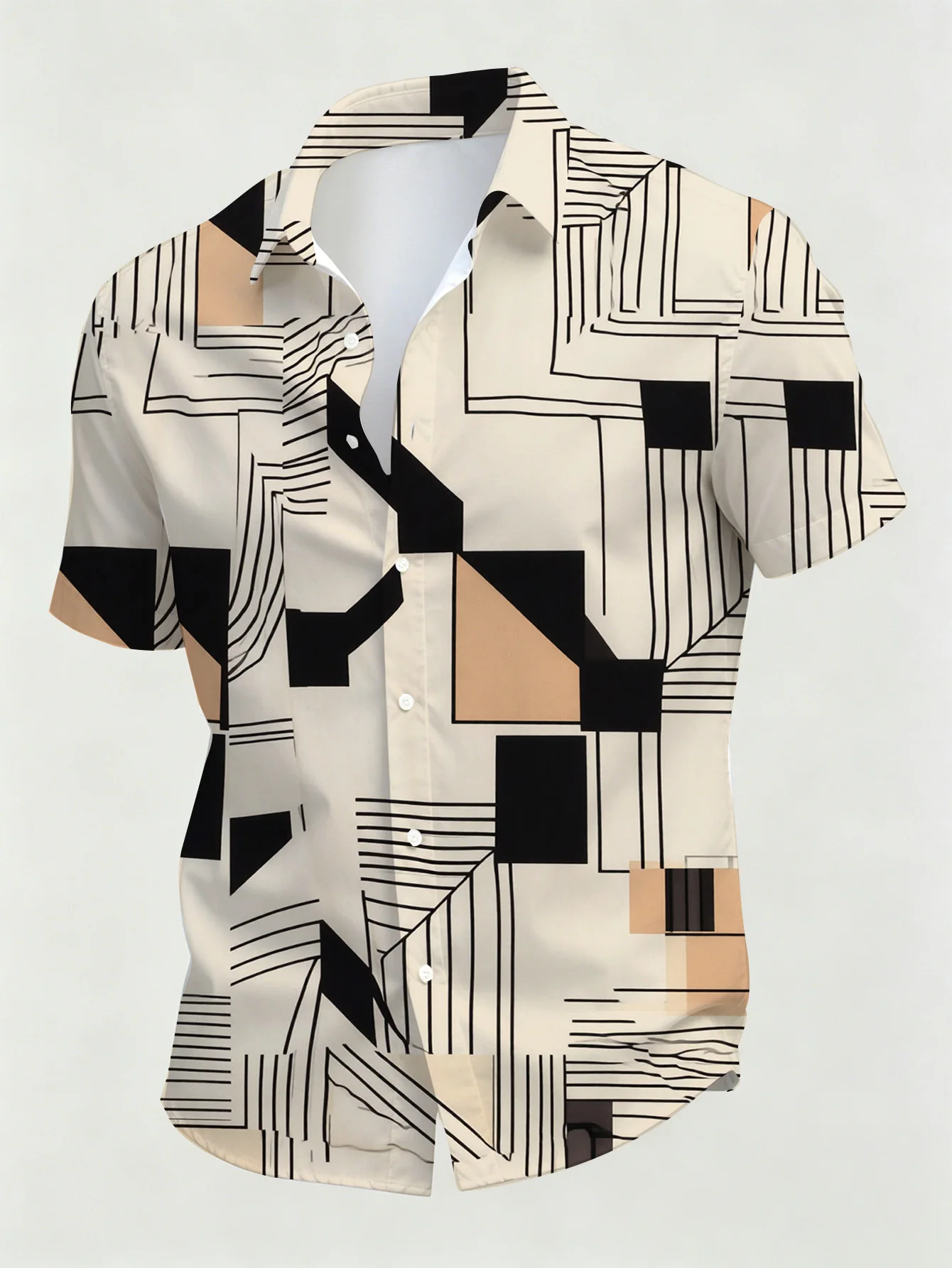 Men's Shirt Geometric Block Line Splicing Print Short Sleeve Lapel Button Shirts Summer Beach Vacation Casual Tops Men Clothing