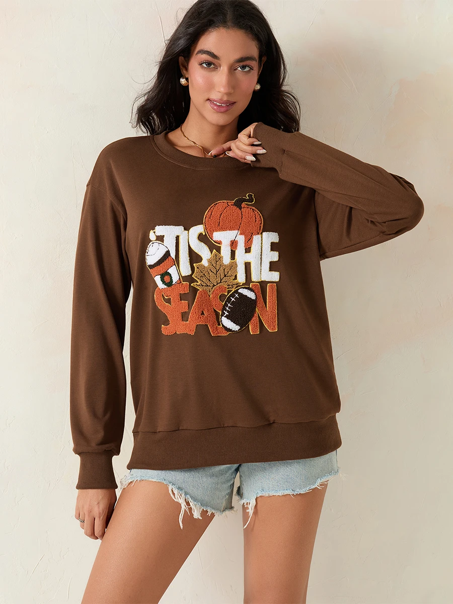 wsevypo Autumn Football Pumpkin Embroidery Sweatshirt Womens Crew Neck Long Sleeve Casual Tops Streetwear Loose Pullovers