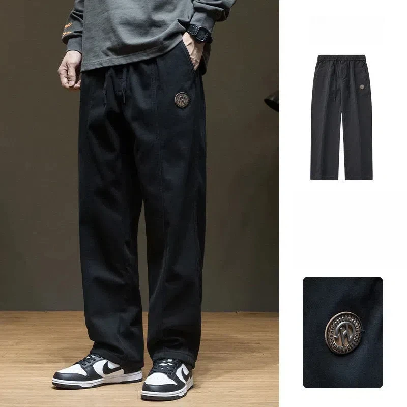 Preppy Style Straight Trousers Men's Spring Autumn Solid Color Drawstring Pockets Rivet Elastic High Waisted Casual Pants