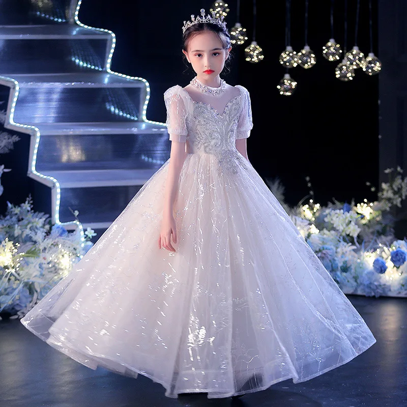 Prinzessin Kinder Kleider für Mädchen Spitze Blume Perlen Ballkleid Baby Mädchen Kleidung Kinder brautjungfer Hochzeit Party lange Kleid