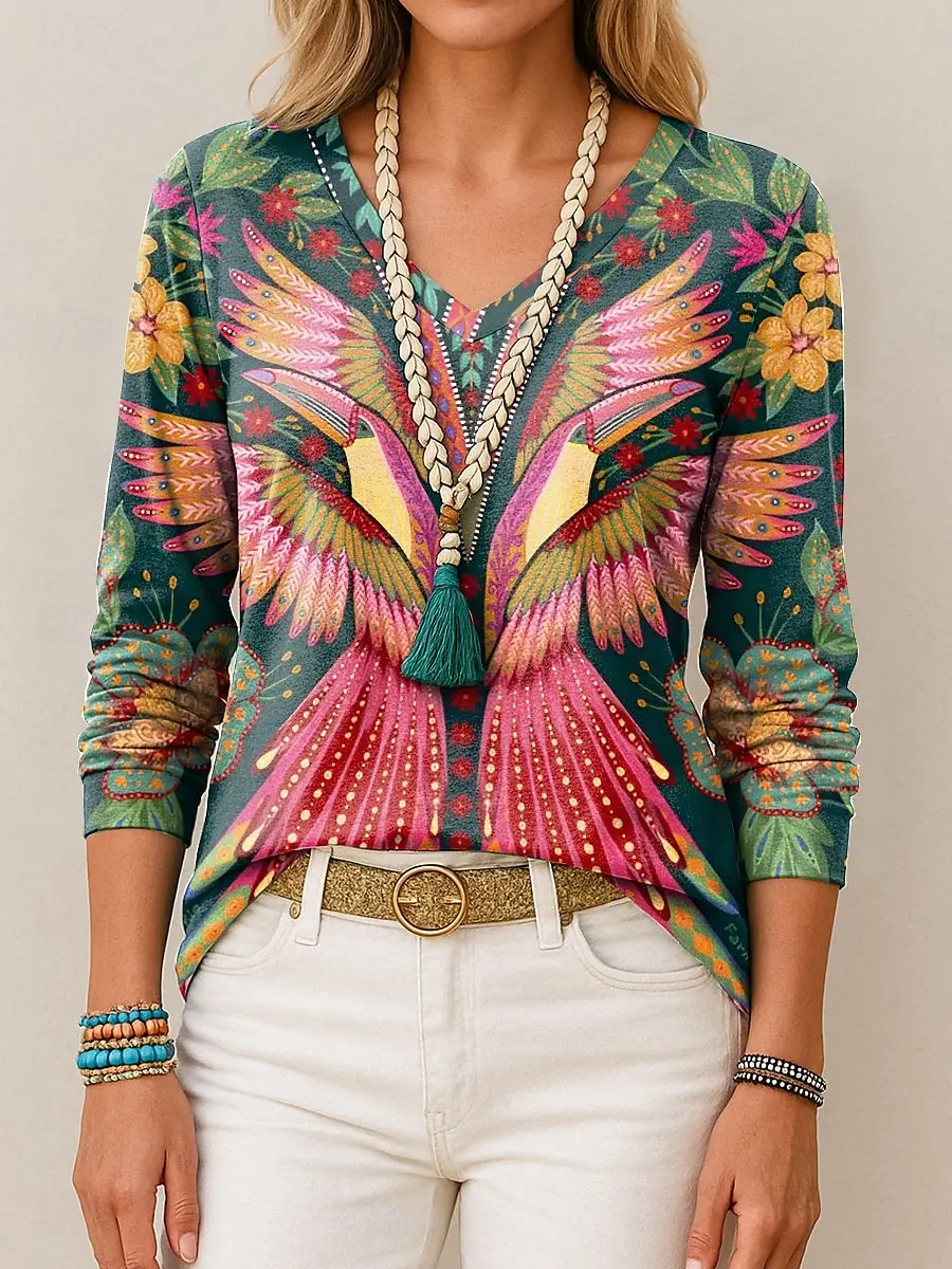 

Women's T-Shirts Floral Graphic Bird Graphic Elegant Fashion Tees Long Sleeve T-shirts V-Neck Regular Tops Casual Pullover Fall