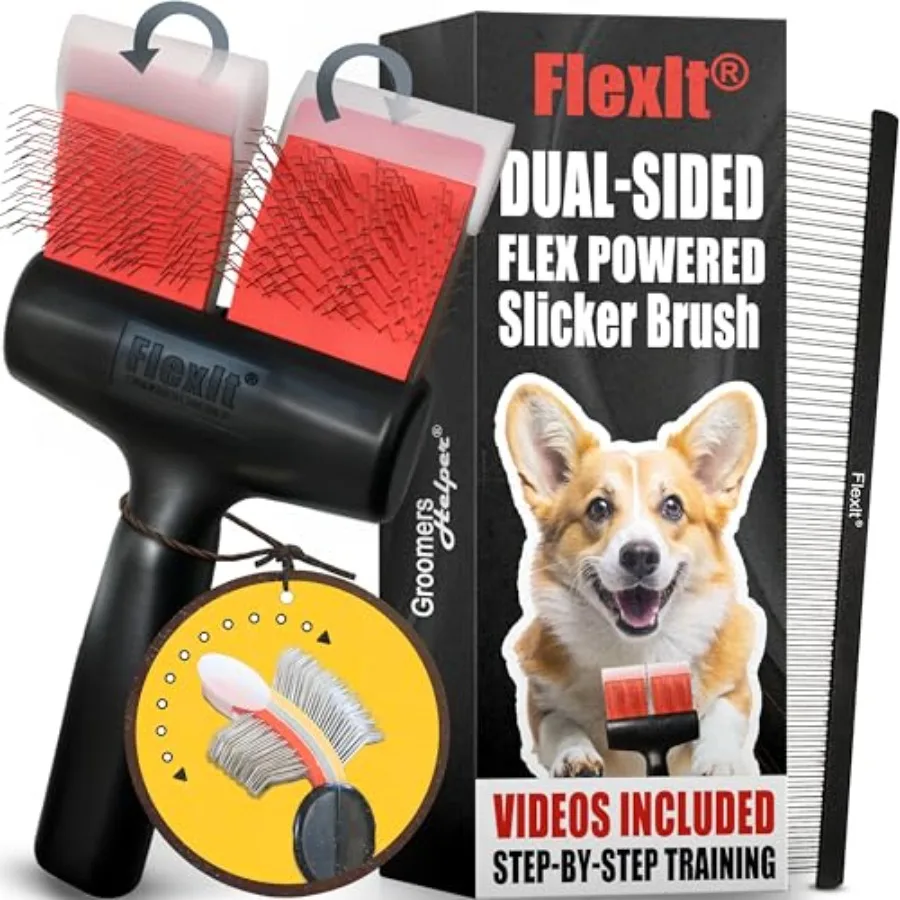 

Flexible Slicker Brush for Dogs - Professional 3-in-1 System Video Trainings - Dual-Sided Dematting Undercoating Finishi