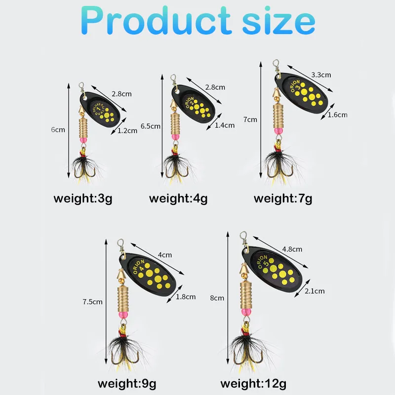 1/2pcs Metal Hard Bait Rotating Spinner Fishing Lure Spoon Sequins Wobblers Bass Pesca With Feather Hooks 3.5g/4.5g/7g/9g/12g