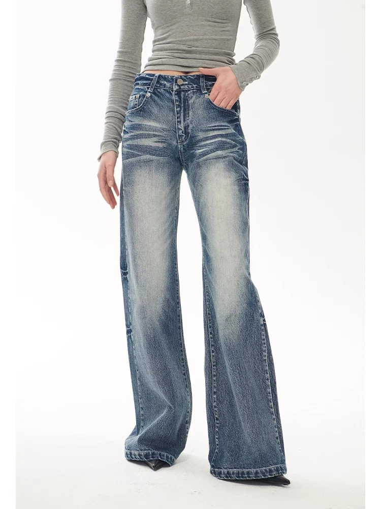 

High Waist Flared Jeans for Women's Retro Washed Loose Design Pants American High Street Spicy Girl Dragging Feeli Trousers