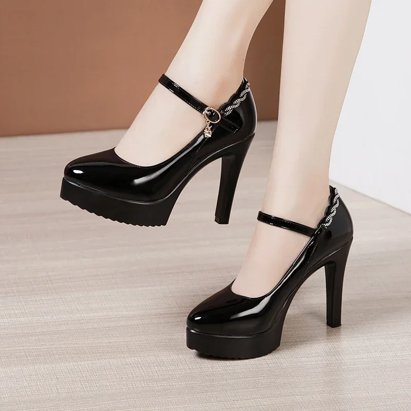 11cm Small Size 32-43 Patent Leather Thin High Heels Shoes Crystal Fall 2024 Shallow Platform Pumps Women for Model Party Dress