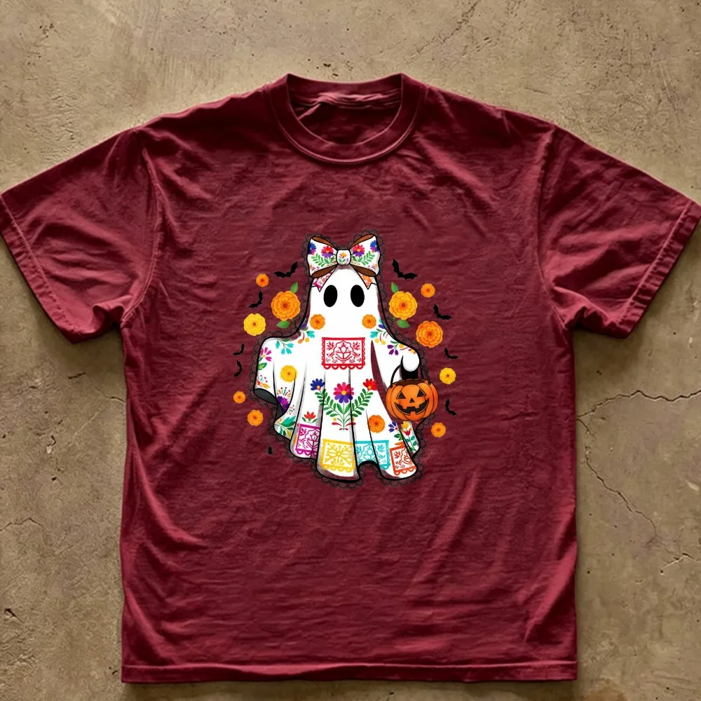 Colorful Floral Bow Ghost Halloween T‑Shirt Mexican Folk Pattern Trick or Treat Pumpkin Bucket Bat Marigold Cotton Holiday Tops