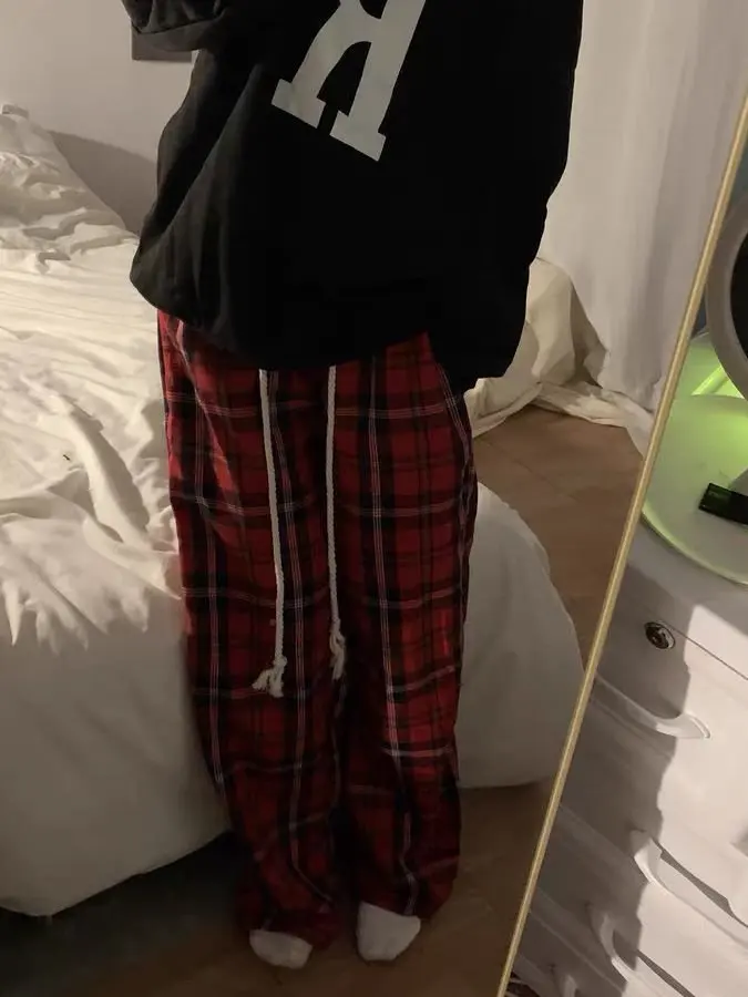 

Летние женские брюки 2025 года в винтажном стиле, красные в клетку, свободные, прямого кроя, с высокой талией, широкие штанины, повседневные, в корейском стиле, для офиса и города