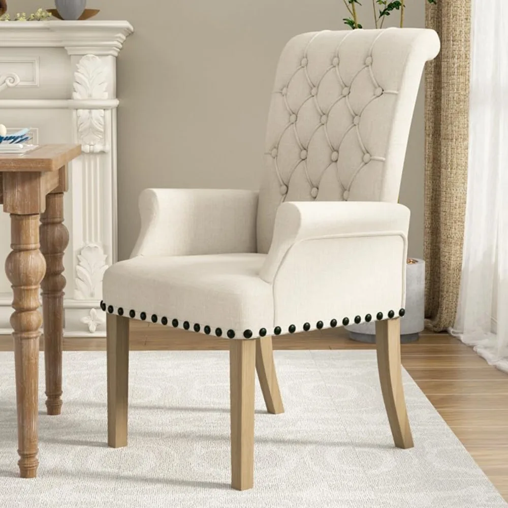 Upholstered Dining Chairs with Arms, Tufted High-Back Fabric with Nailed Trim, Solid Wood Legs and Padded Seat for Kitchen