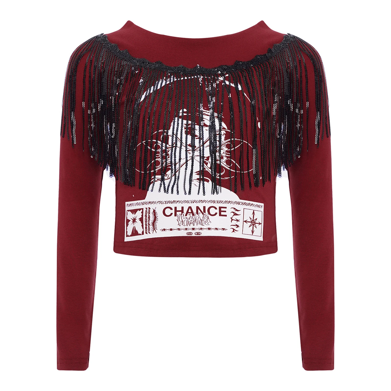 Kinderen Meisjes Hiphop Jazzdans Kostuum Glanzende Pailletten Kwasten Gedrukt Top Off-Shoulder Katoen Lange Mouw Mode streetwear