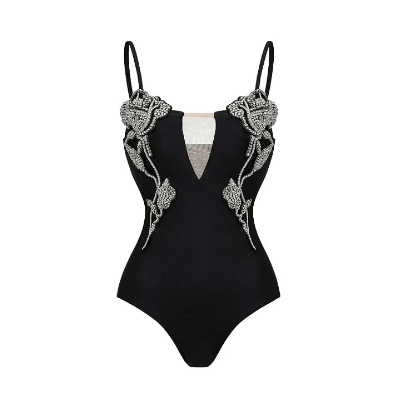 

One Piece Women's Crystal Maillot Swimwear Beach Dress in Black