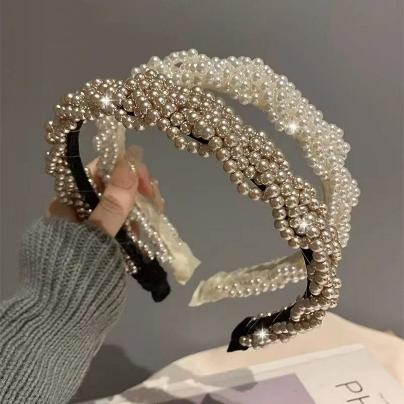 1 diademas de perlas trenzadas con detalles brillantes, aros para el cabello elegantes para damas, decoración moderna para el cabello para fiestas y uso diario