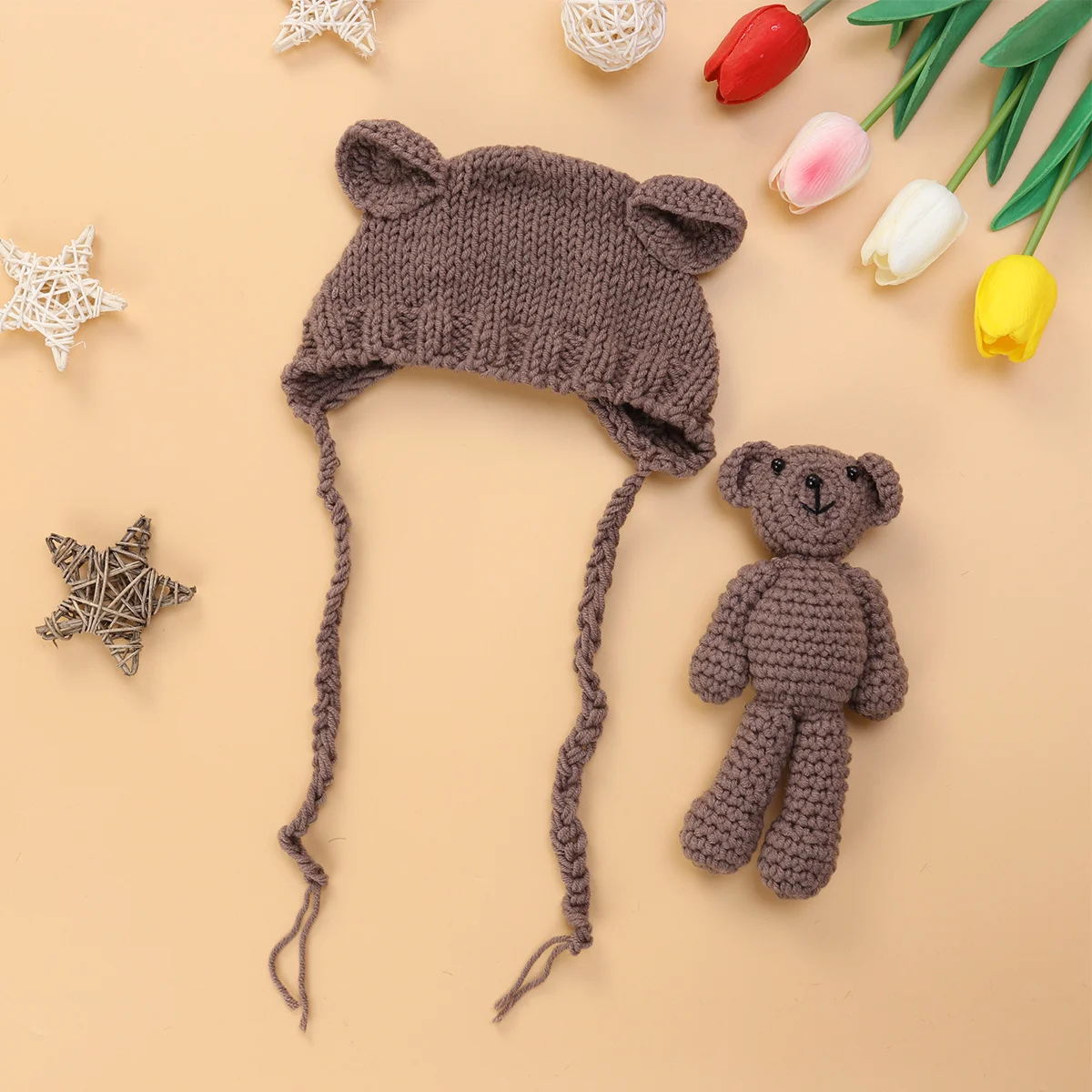아기 니트 사진 촬영 모자 신생아 카키 크로셰 곰 모자 아기 사진 소품 0-6개월 유아 사진 촬영 액세서리