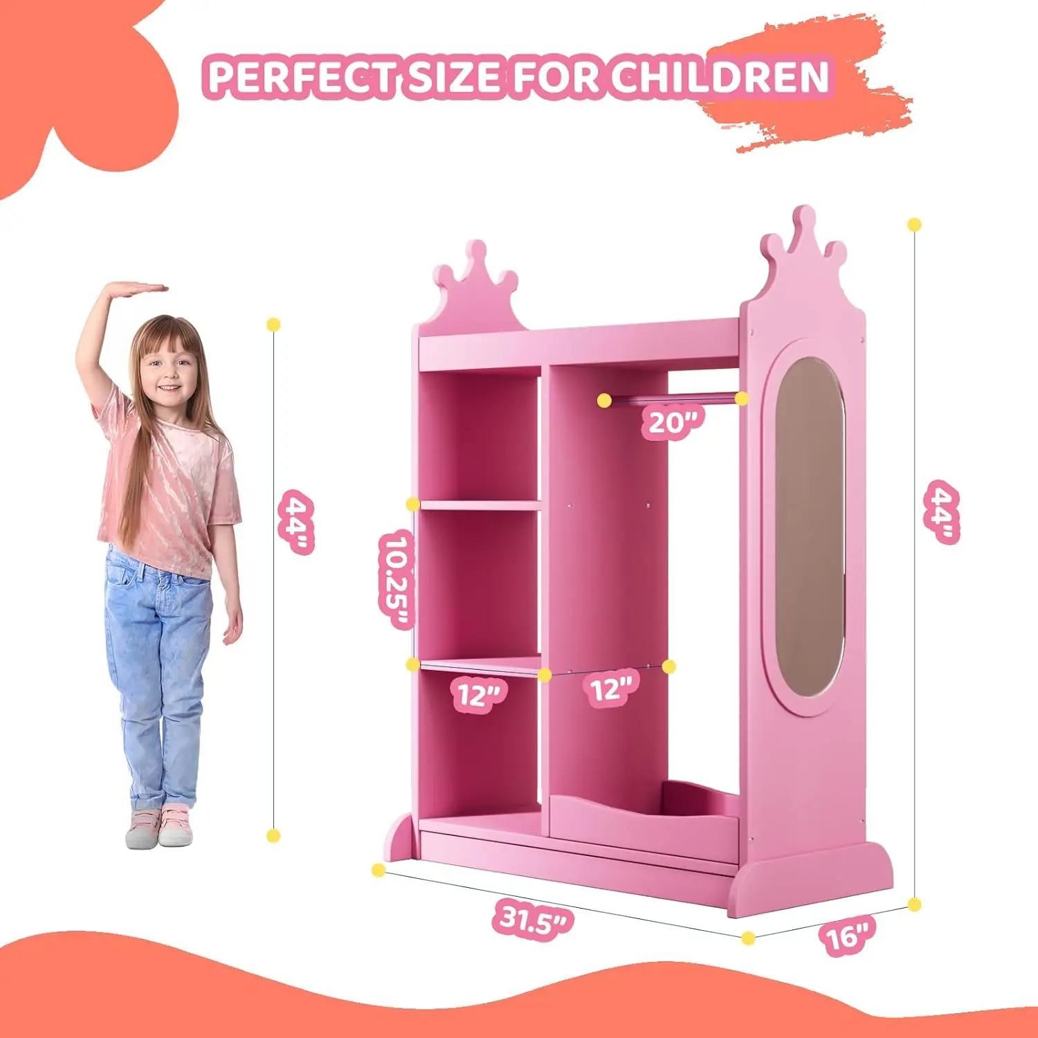 Kids Wardrobe with Mirror, Open Dress Up Storage Kids Armoire Wardrobe with 3 Tier Storage Shelf,2 Fabric Storage,Shoe Rack, Kid