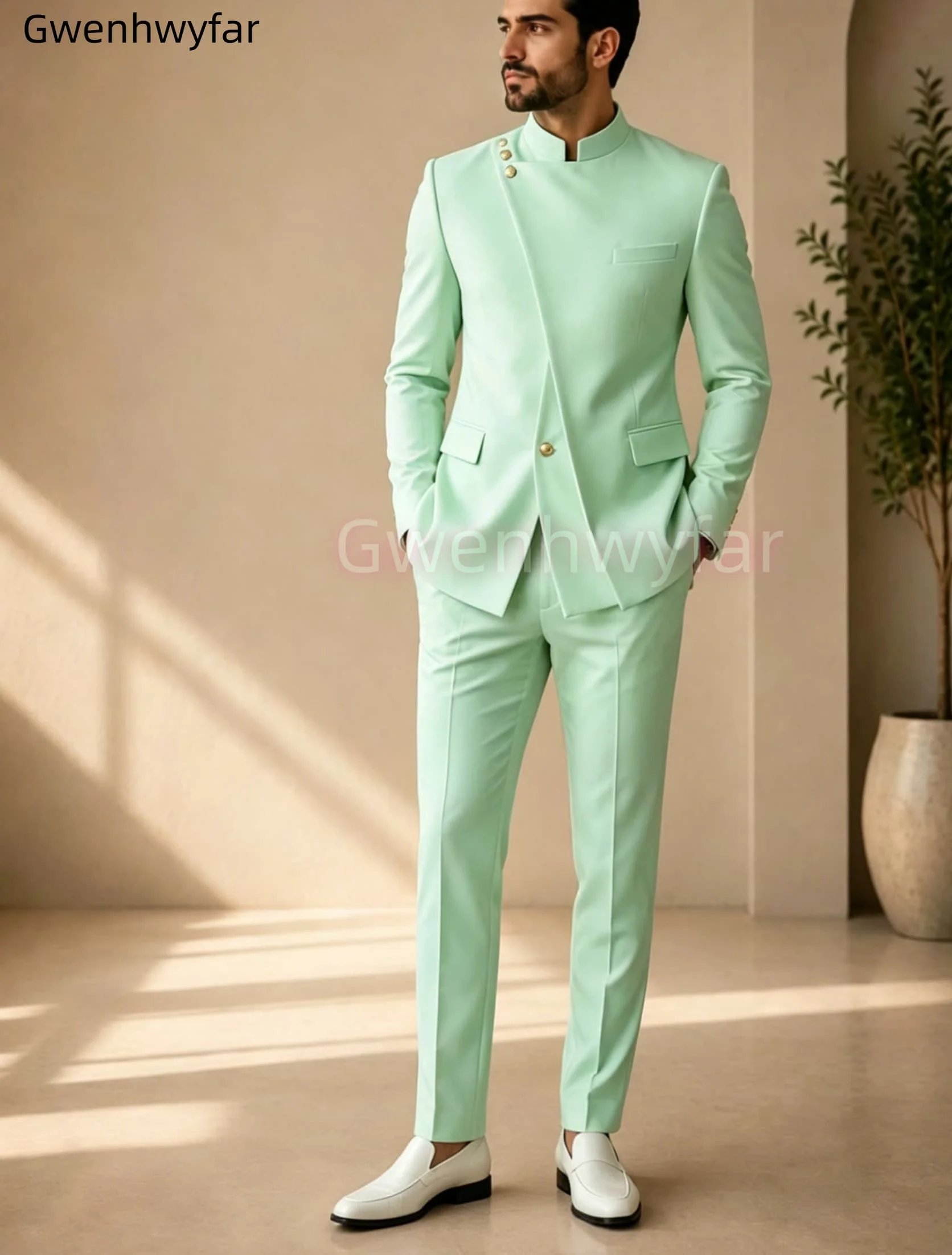 Gwenhwyar Neuankömmling Hellgraue Freizeitjacke mit Hose, formeller Business-Büroanzug für Herren, Bräutigam, Hochzeit, Party, Blazer, Hose – Detail 26