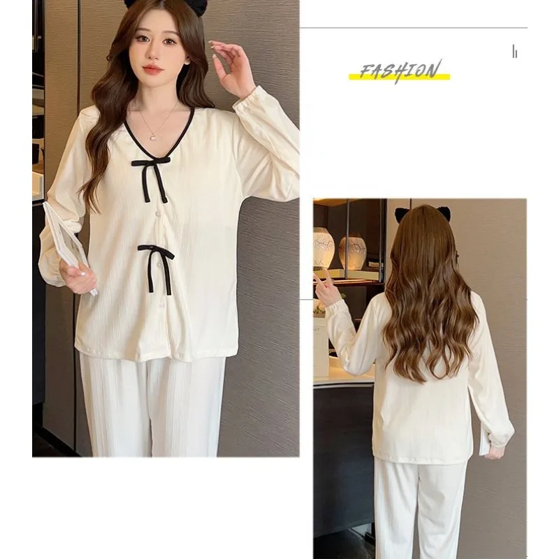 2024 New Spring Autumn Pajamas Women Cotton Long-sleeved Trousers Loungewear Chest Pad Sweet Simple Loose Bow Sleepwear Suit